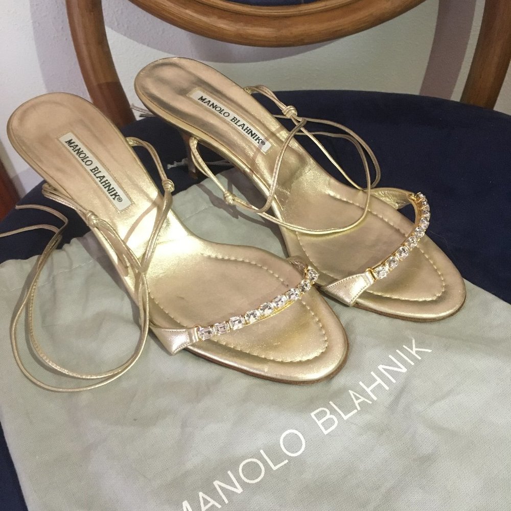 Manolo Blahnik Gold Metallic Leather Crystal